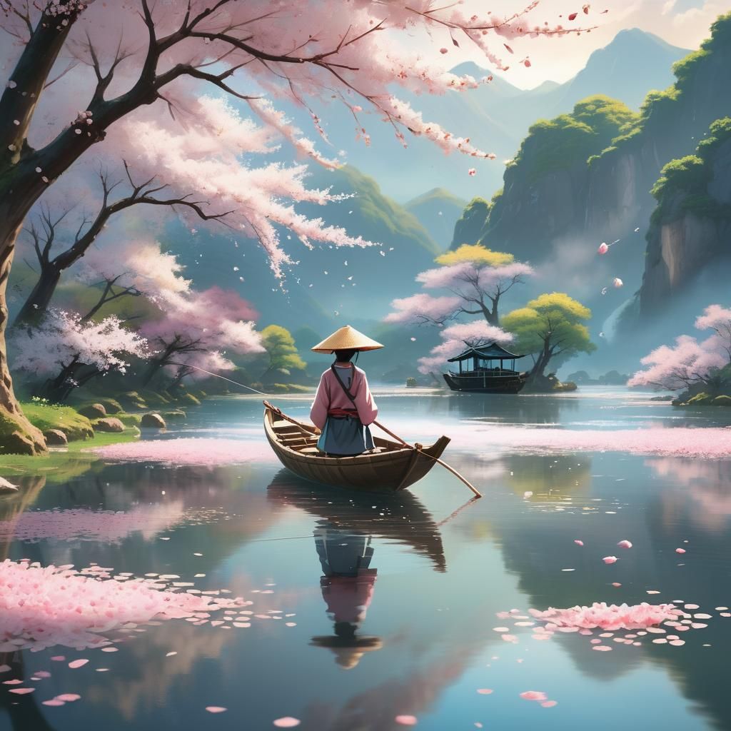 Serene Fisherman in Anime-Inspired Cherry Blossom Scene