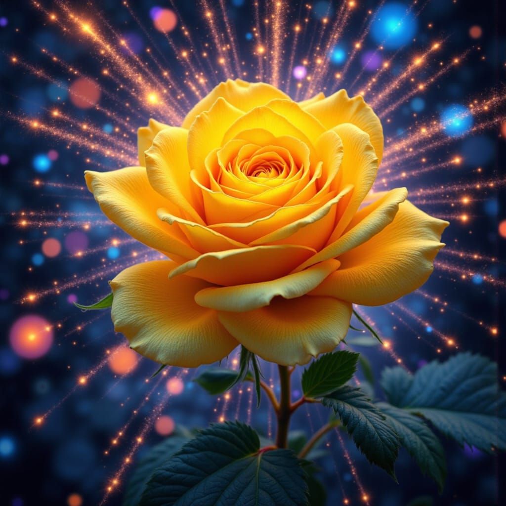 Yellow Rose with Fireworks in Hyperrealistic Style