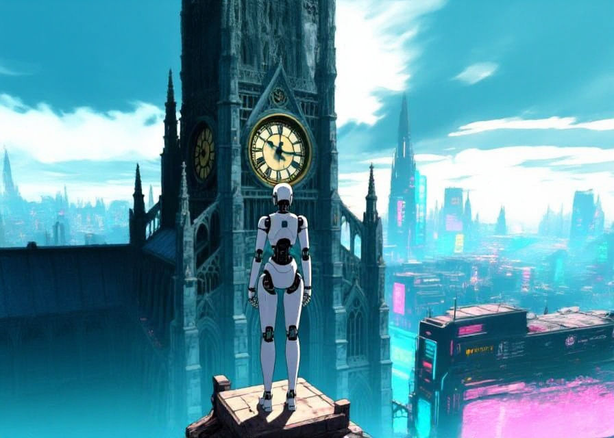 Robot Overlooks Cyberpunk City from Clockwork Cathedral