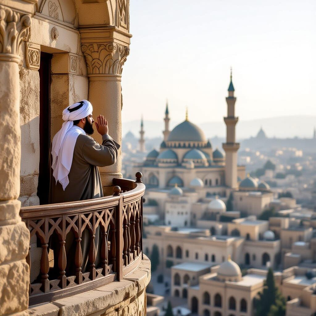 Muezzin Calling Prayer from Minaret Balcony