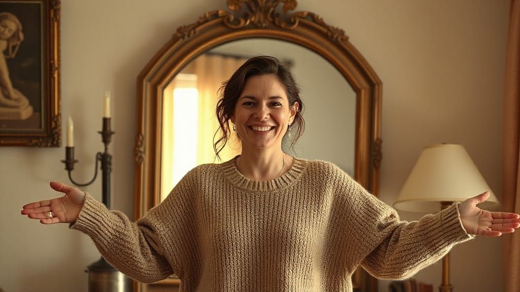 Person smiling in front of a mirror with open arms, a warm l...