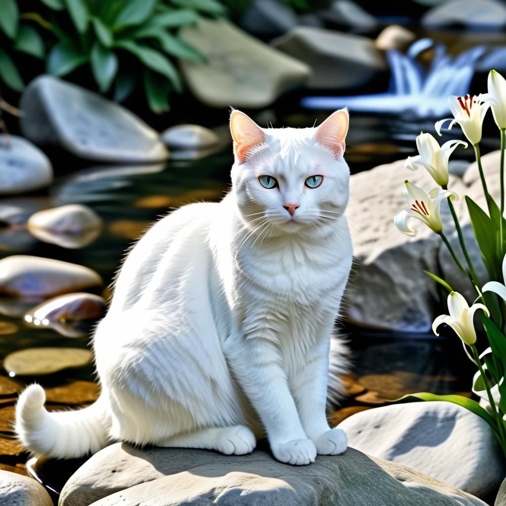 Gorgeous White Cat by Mountain Stream in Natural Light