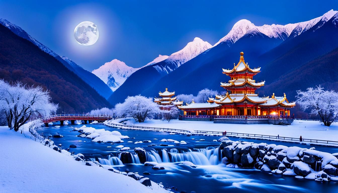 Winter Temple Landscape with Moonlit River