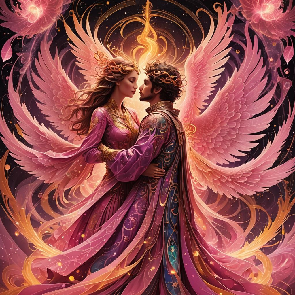 Tarot Lovers Kiss at Crossroads with Rising Phoenix