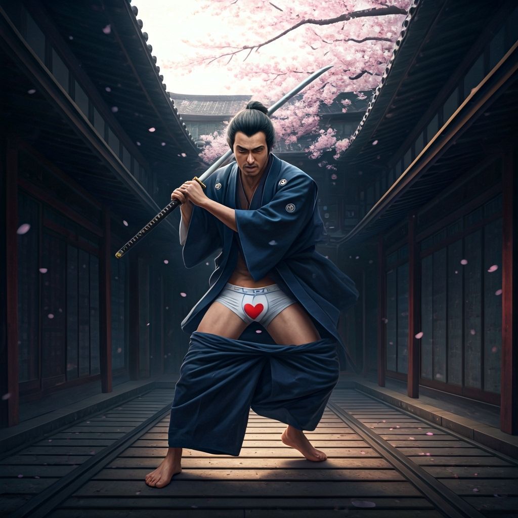 Samurai's Comical Wardrobe Malfunction with Cherry Blossoms