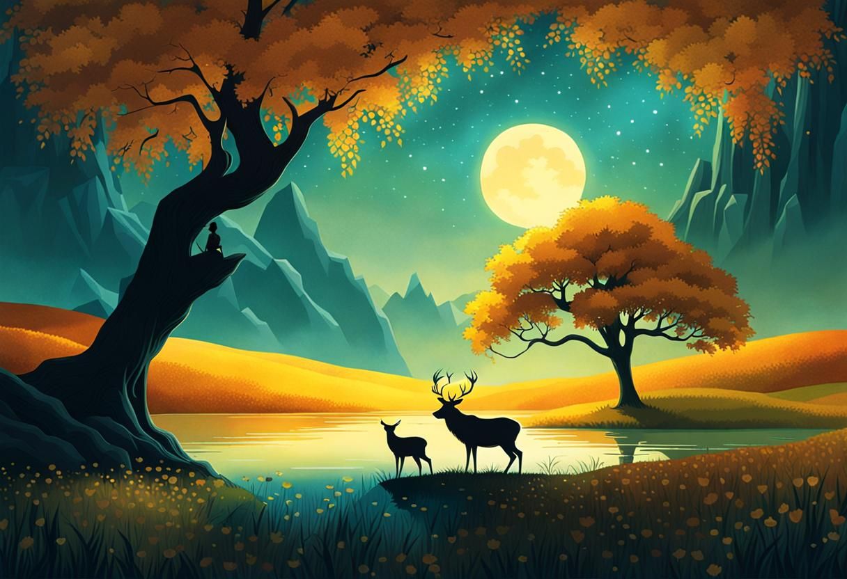 Man and Deer Storybook Illustration in Earle Style