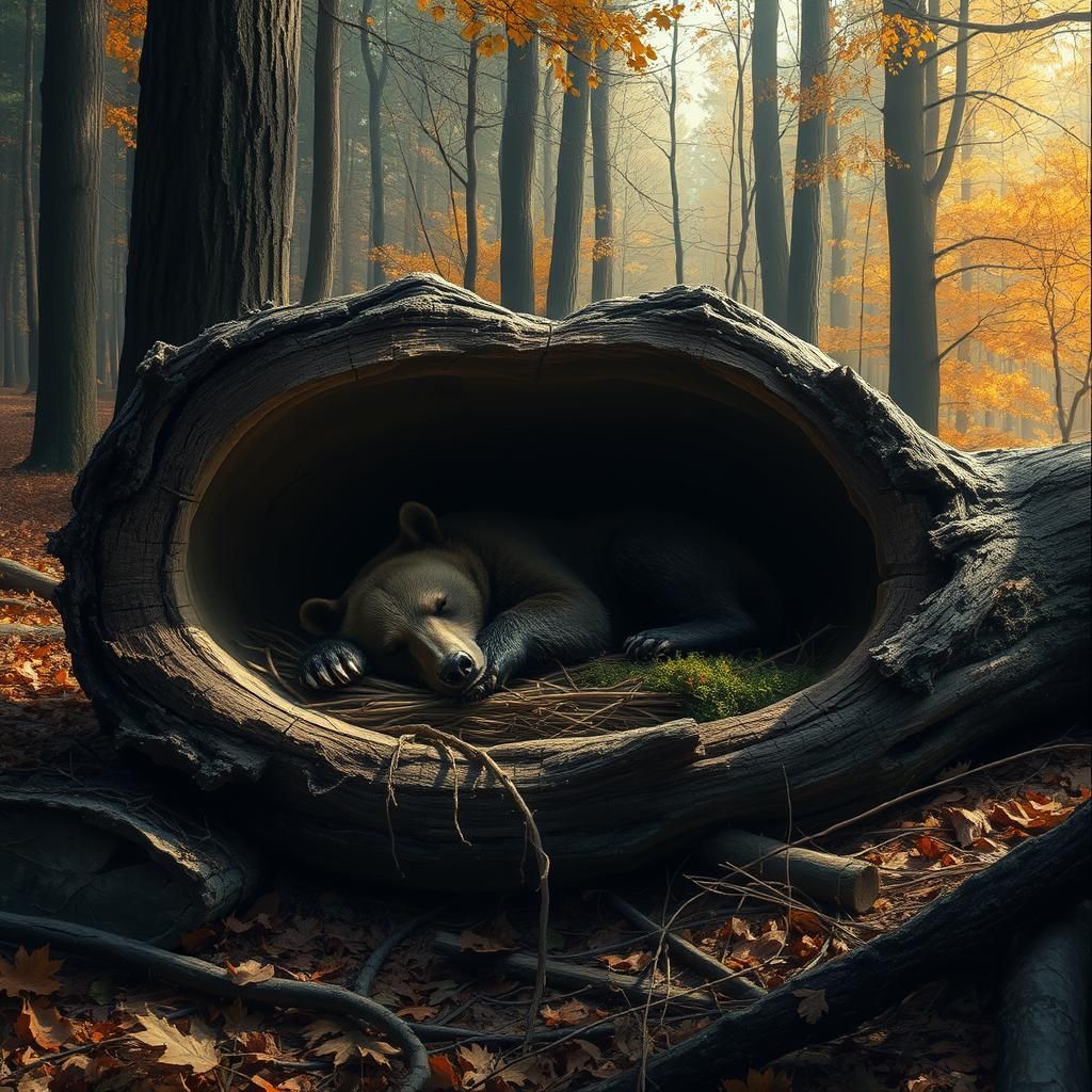 Sleeping Bear in Autumn Forest, Hyperrealistic HDR