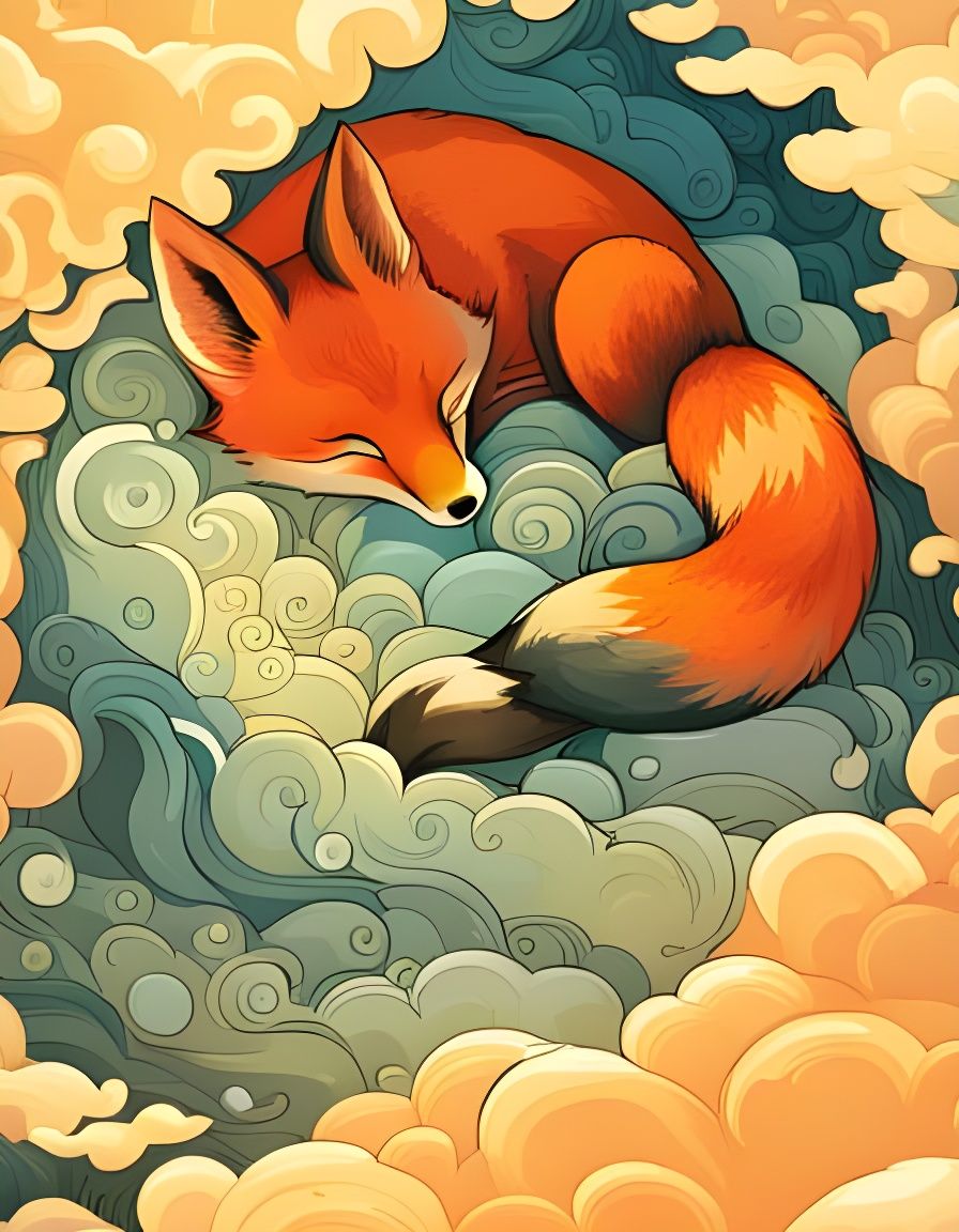 Cute Fox Sleeping on Clouds in Watercolor Style