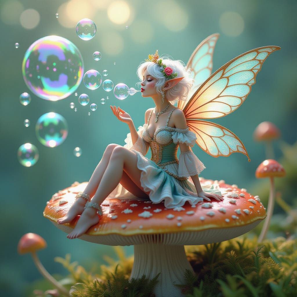 Pixie Blowing Bubbles on Mushroom, Digital Art