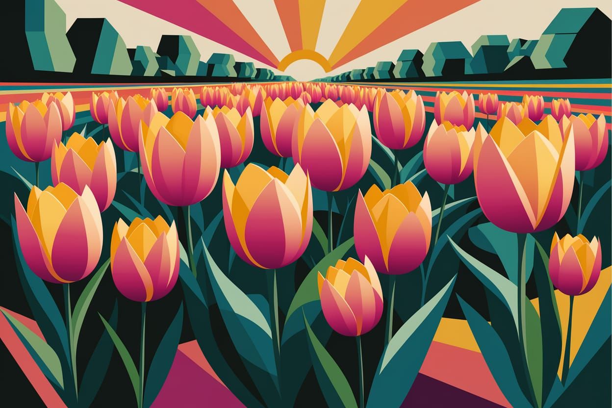Vibrant Tulip Field in Geometric Neo-Cubist Art Deco Style