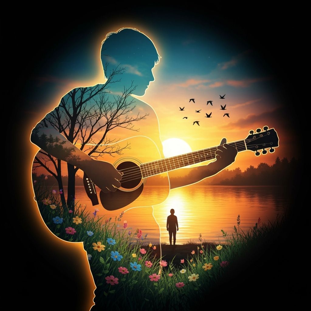 Guitarist Silhouette Filled with Sunset Landscape