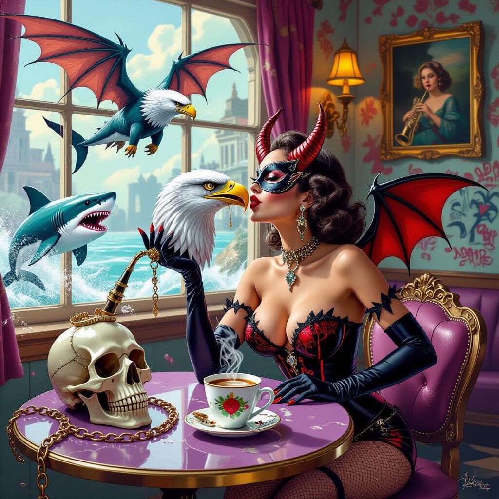 Burlesque Beauty Kisses Eagle Fighting Winged Shark