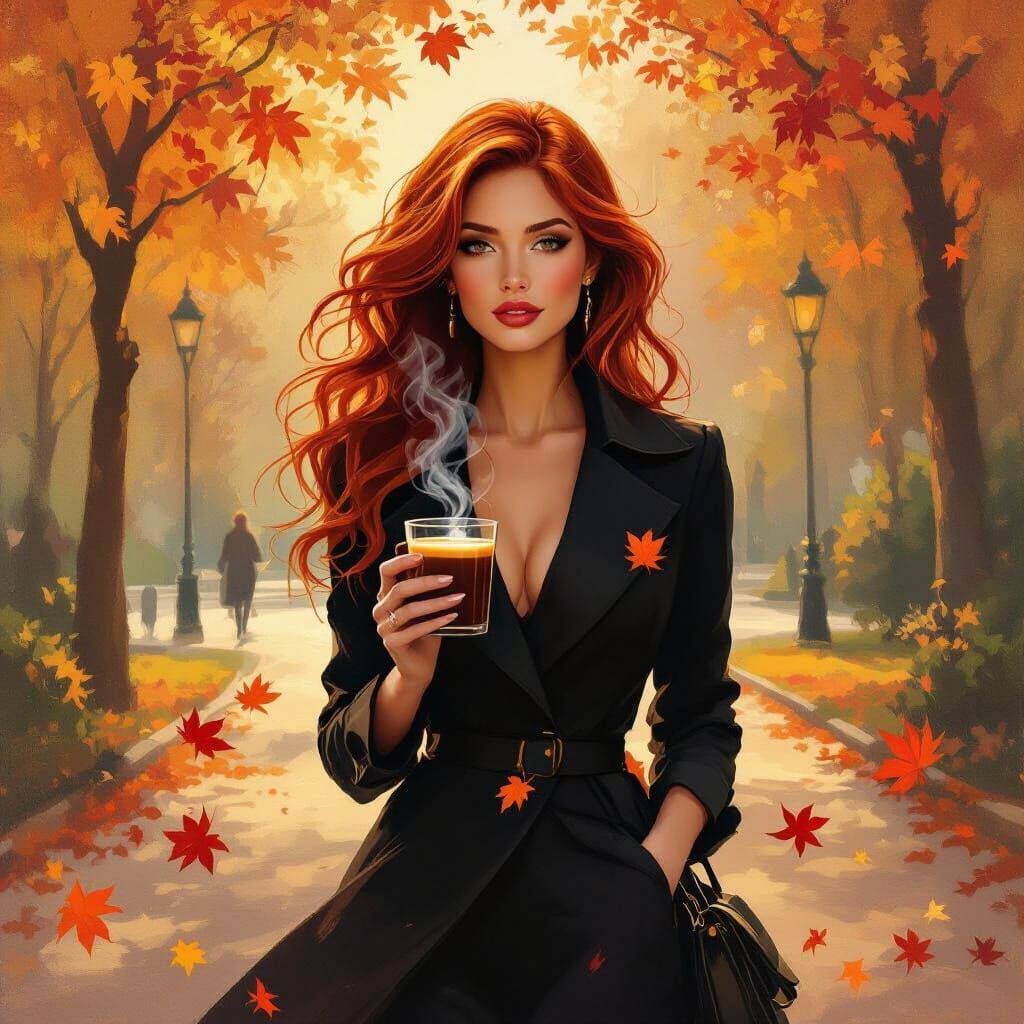 Fiery Woman in Chic Park Autumn Oil Painting