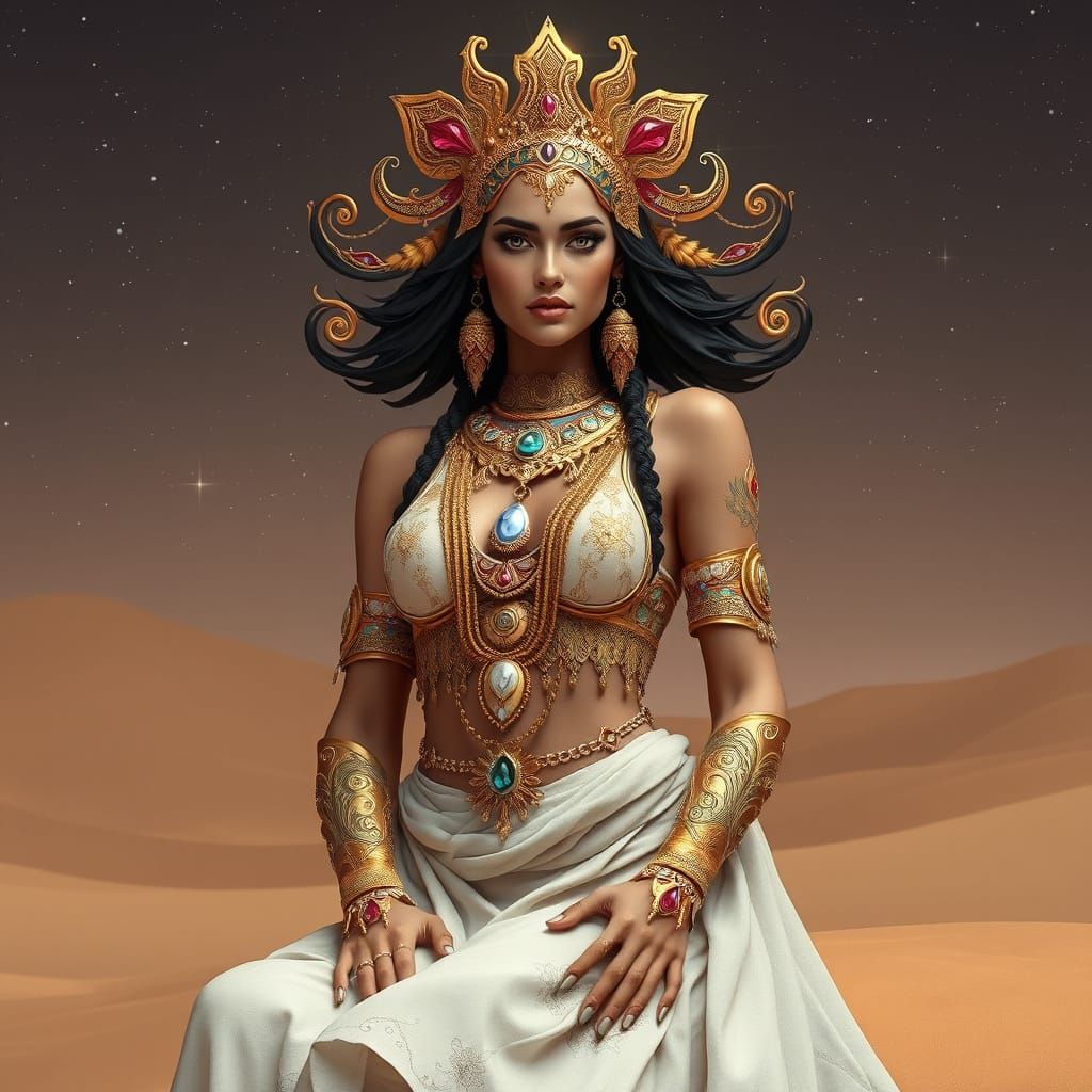 Surreal Desert Goddess in Golden Regalia Amidst Starry Dunes...