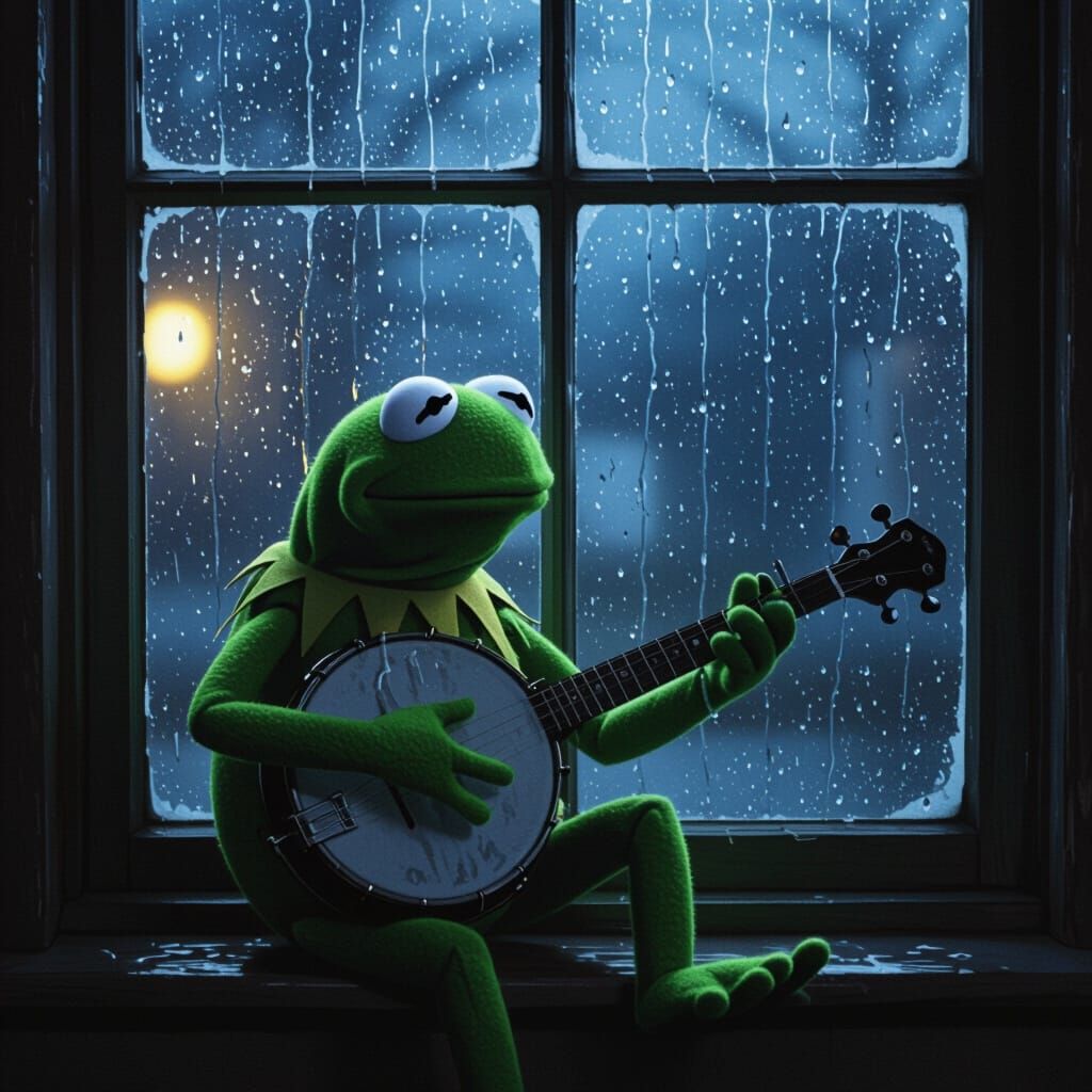 Melancholic Kermit Plays Banjo by Rainy Window