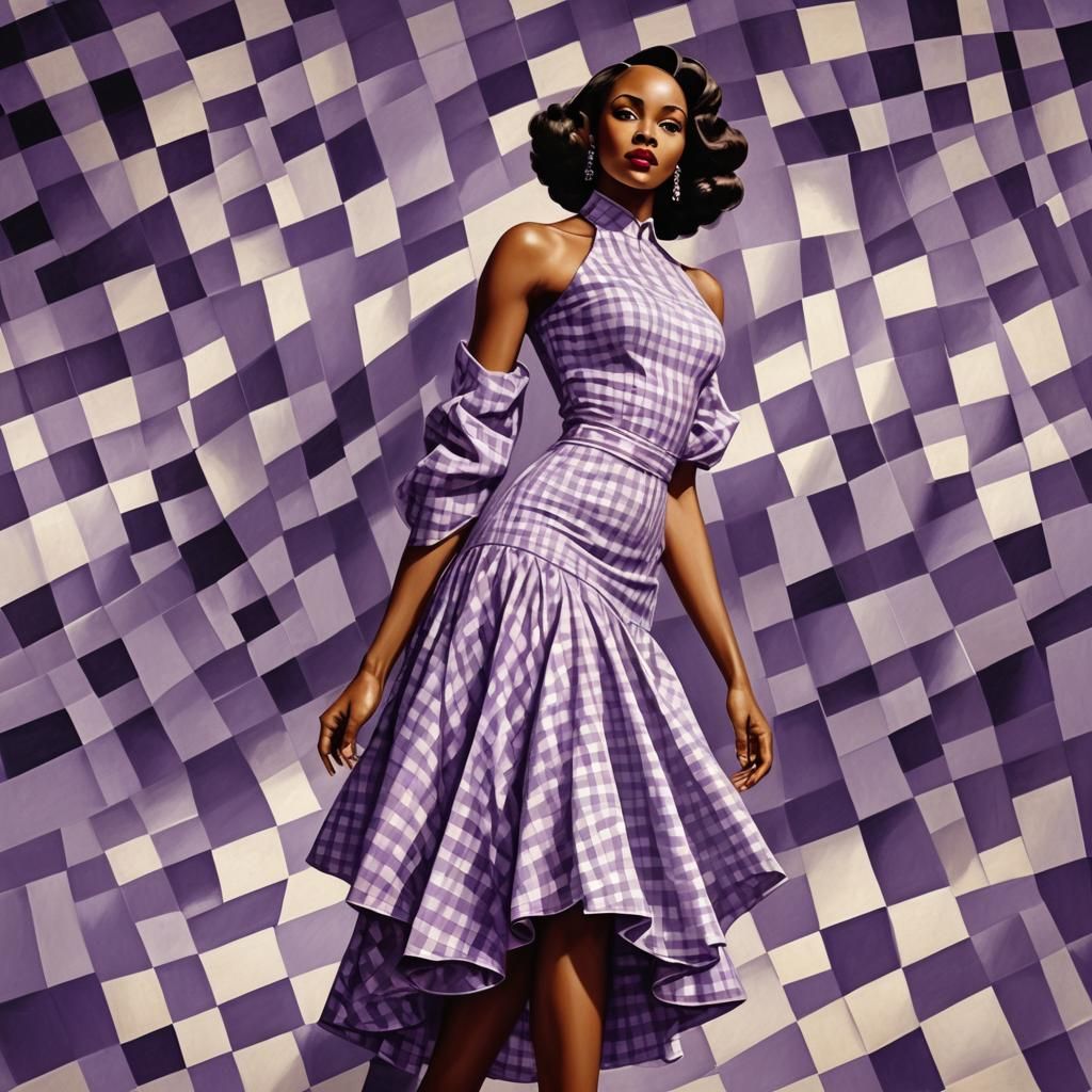 Elegant Woman in Gingham Dress, Art Deco Style