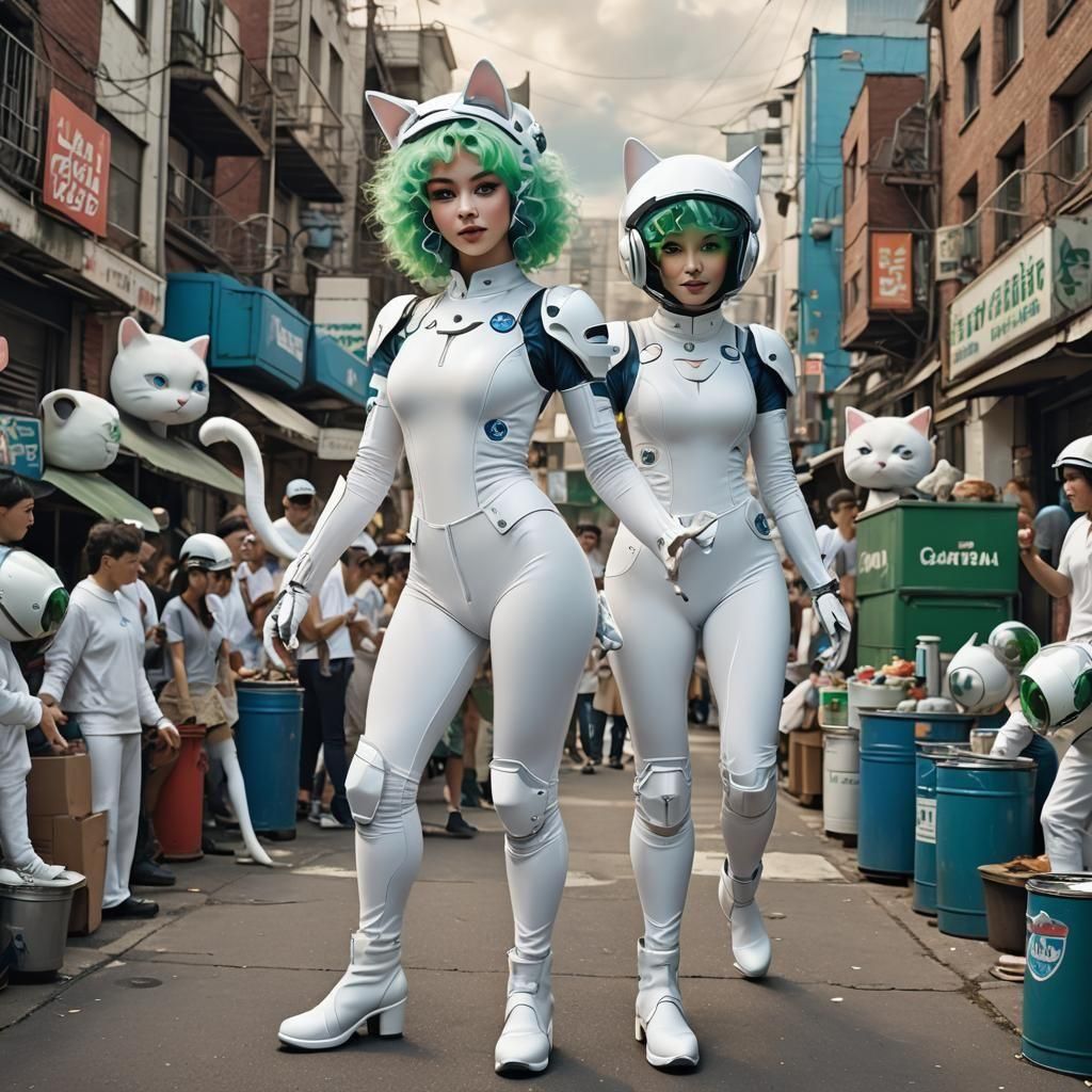 Feline Dancer in White Suit and Helmet