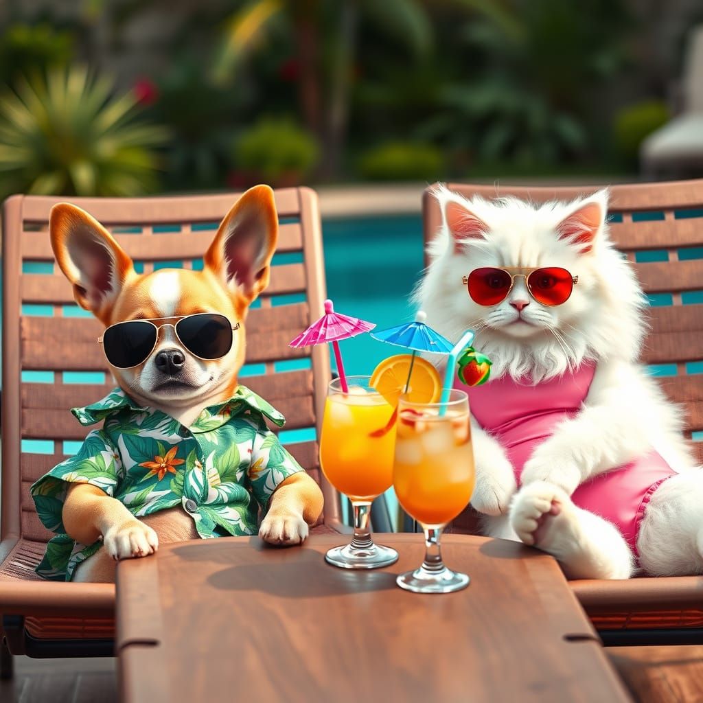 Chihuahua and Cat Tanning Poolside in Summer