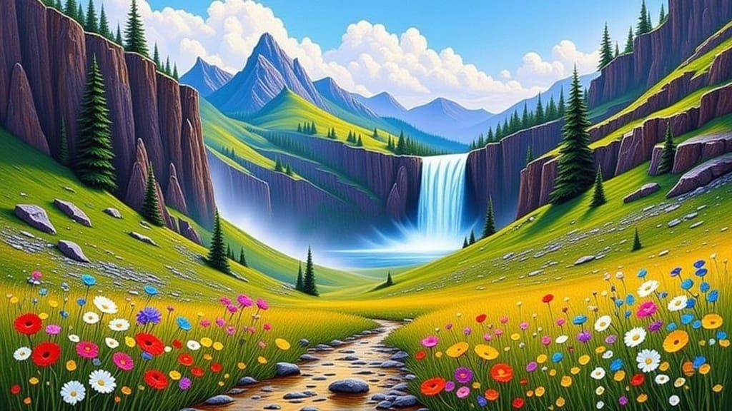 Impasto Landscape with Wildflowers and Waterfall in Expressi...