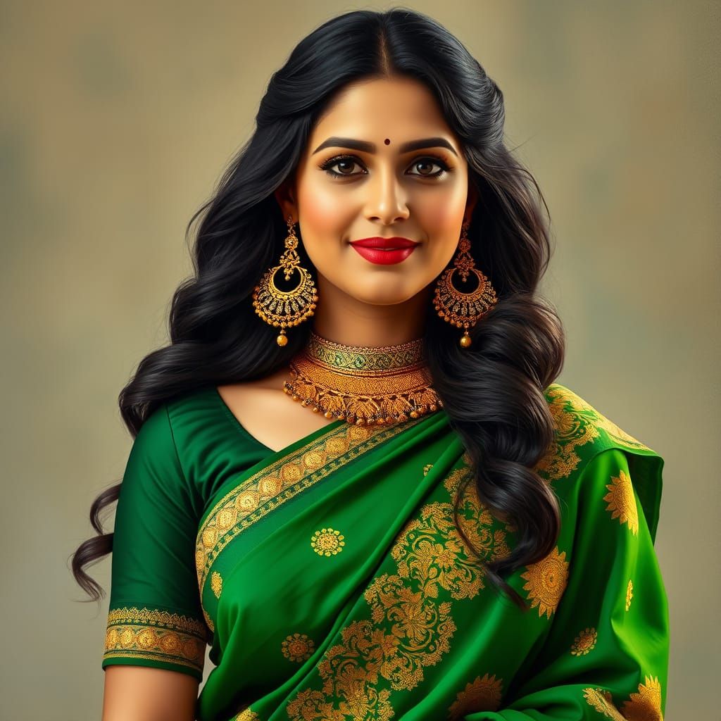 Elegant Woman in Green Saree, Raja Ravi Varma Style