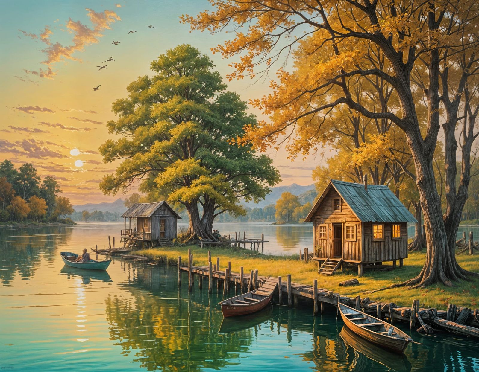 Whimsical Lagoon Scene in Warm Golden Light