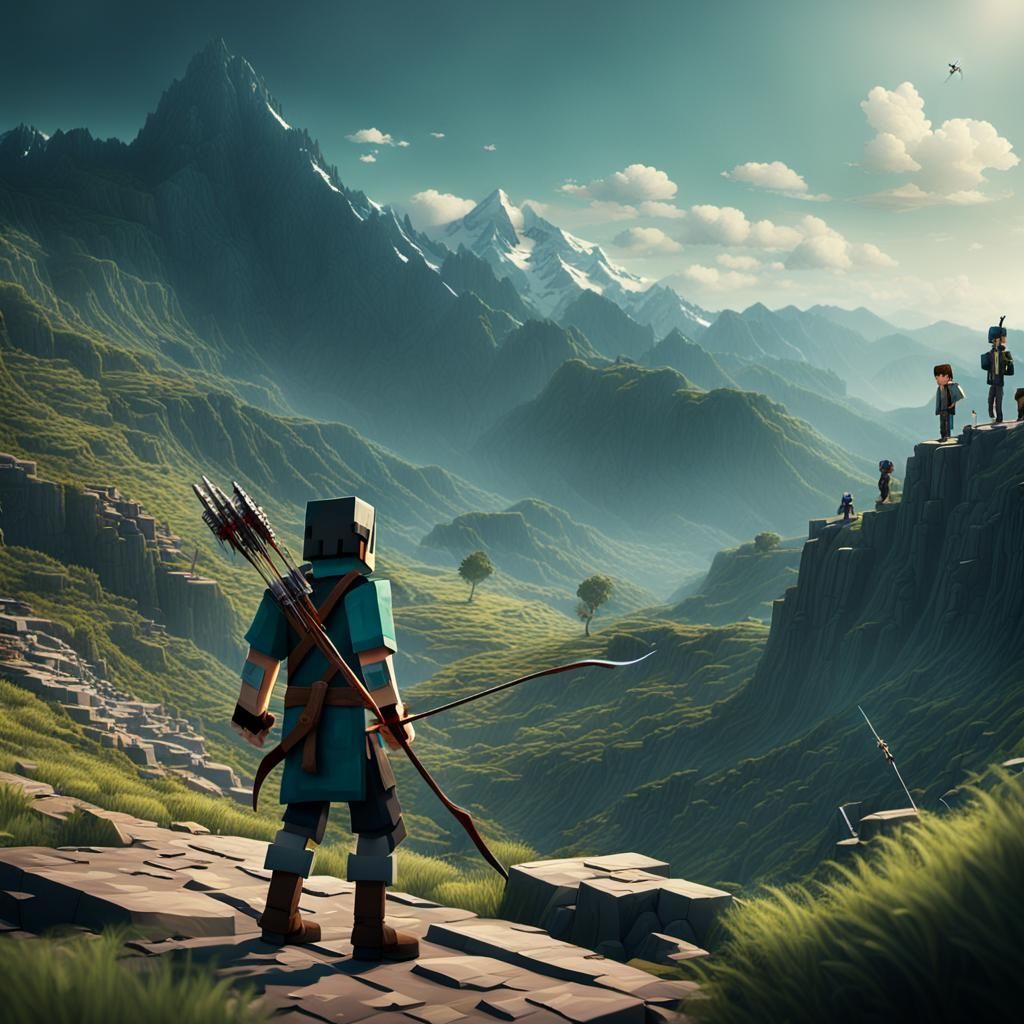 Minecraft Bow and Arrow in Mountains, Cinematic Digital Art