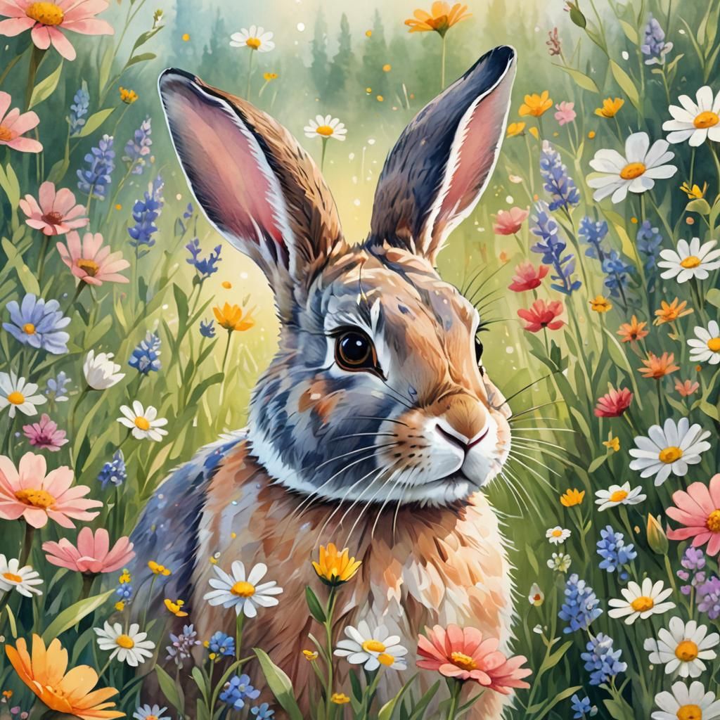 Whimsical Cartoon Rabbit in Watercolor Wonderland