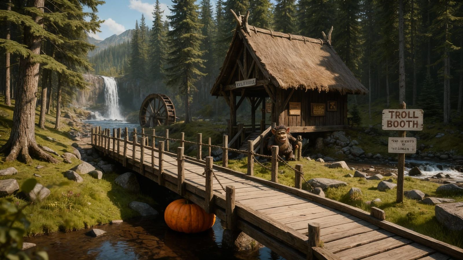 Hyperrealistic Forest Scene: Bridge, Waterfall, and Giant Pu...