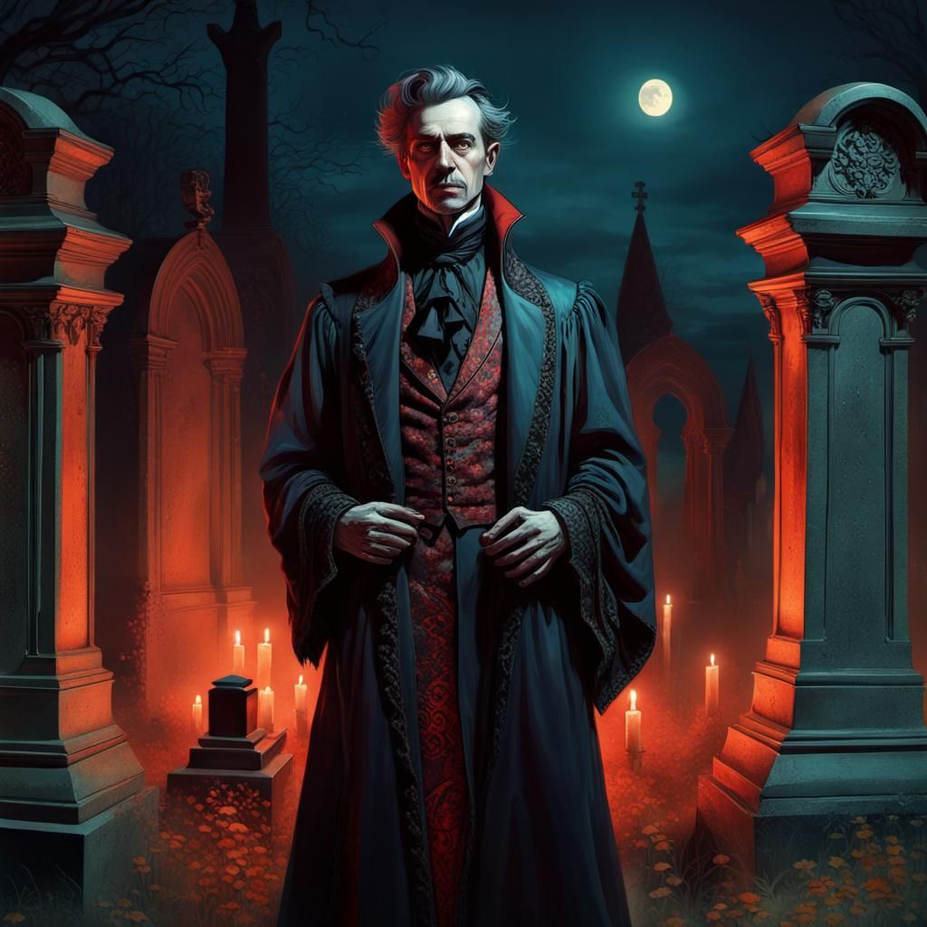 Victorian Vampire in Noir Cyberpunk Cemetery