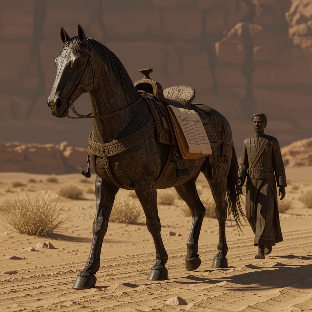 Majestic Wooden Horse and Figure on Desert Journey in 3D Art
