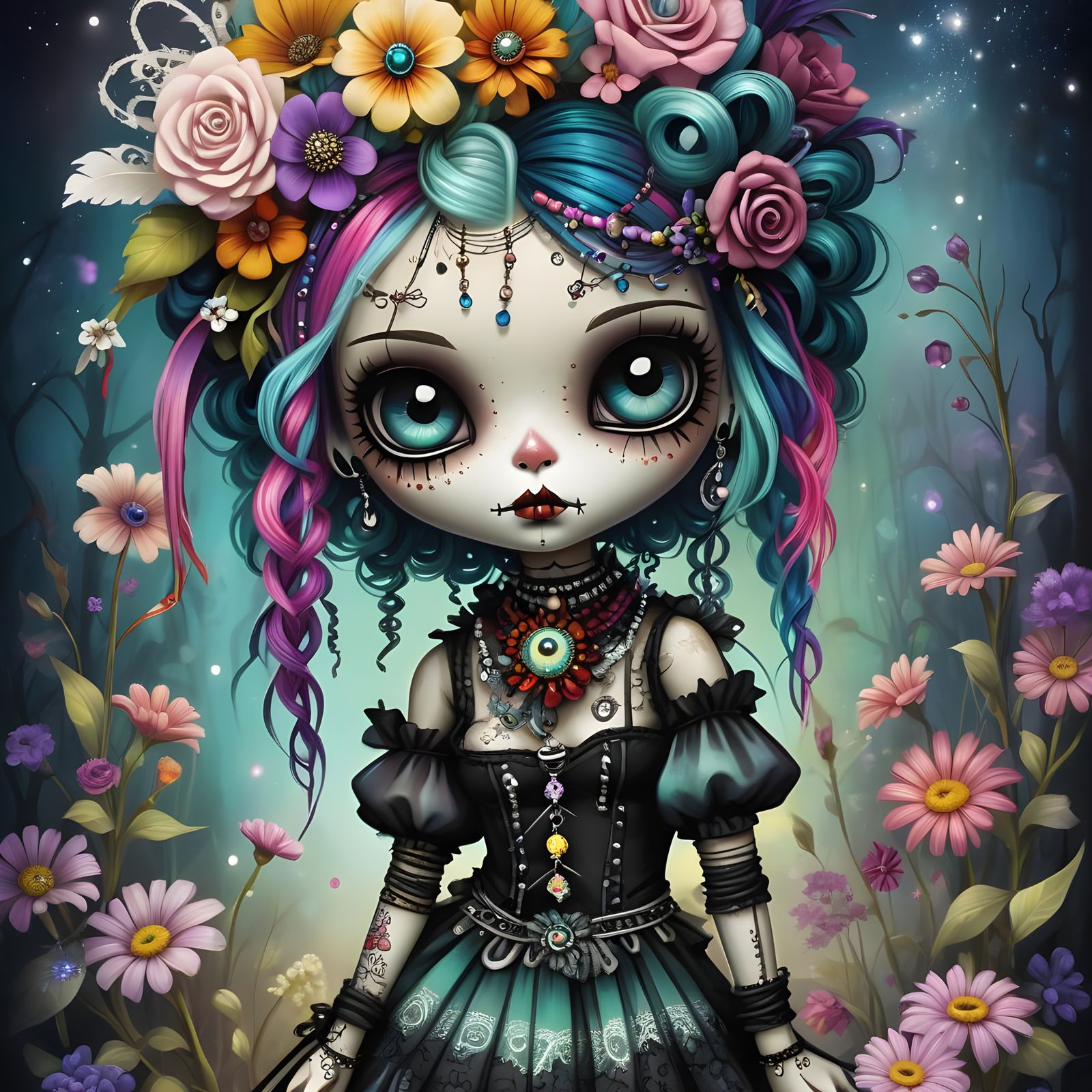Whimsical Punk Voodoo Doll in Digital Art Style