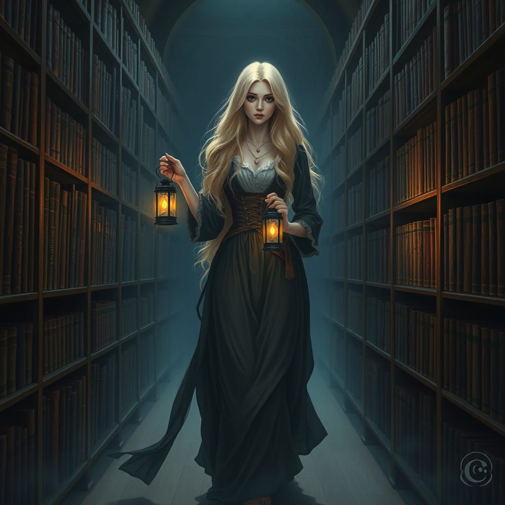 Mystical Woman in Library at Night, Ethereal Art
