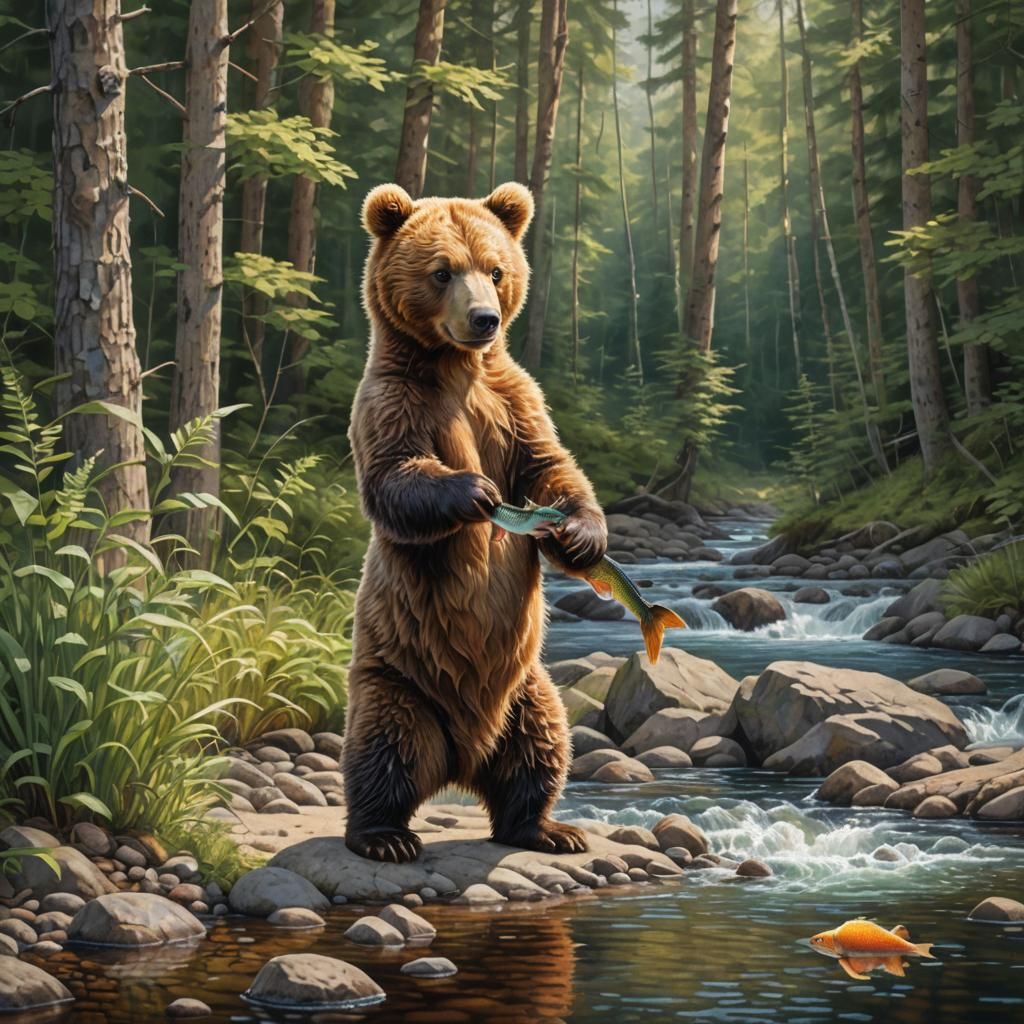 Ginger Bear Cub in Taiga Forest: Pointillism Art