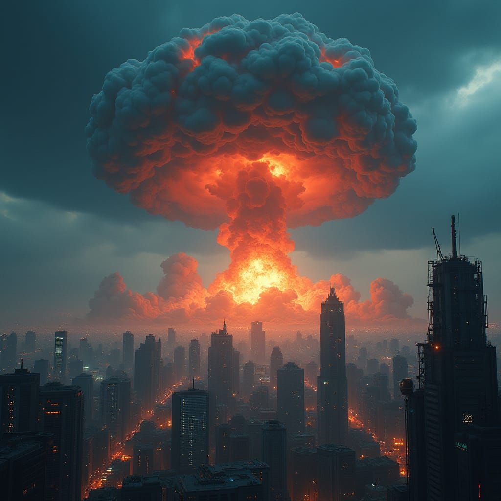 Dystopian Cityscape Devastated by Massive Nuclear Explosion