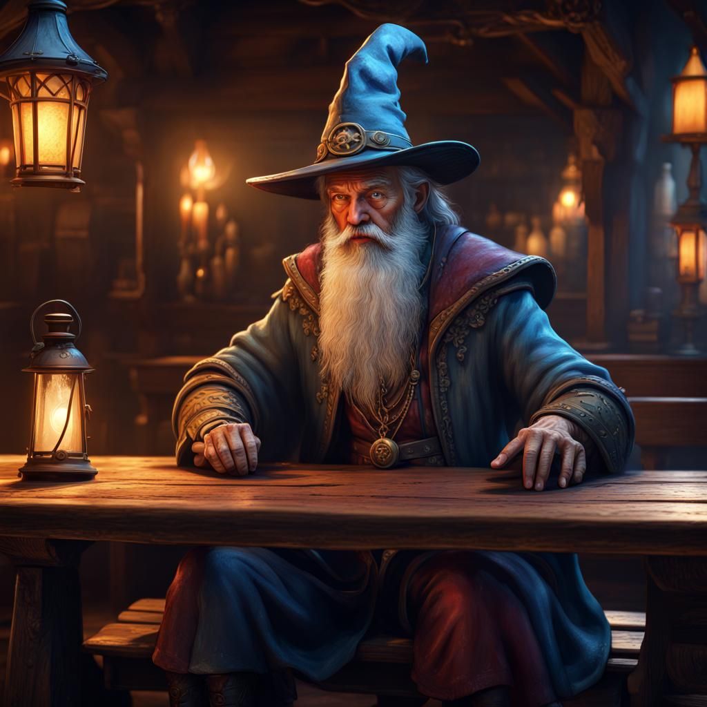 Old Man Sorcerer in Tavern: Fantasy Art
