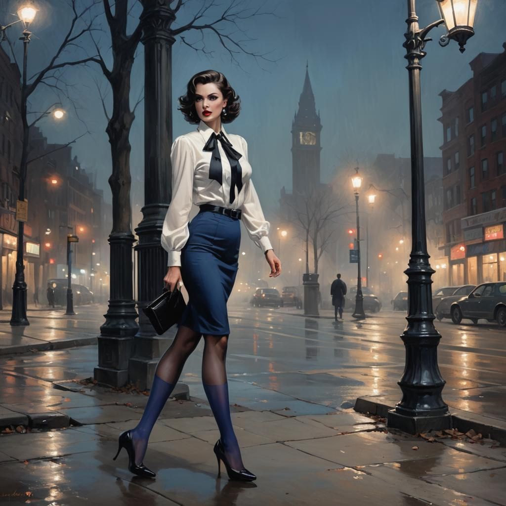 Sinister Femme Fatale in Cityscape