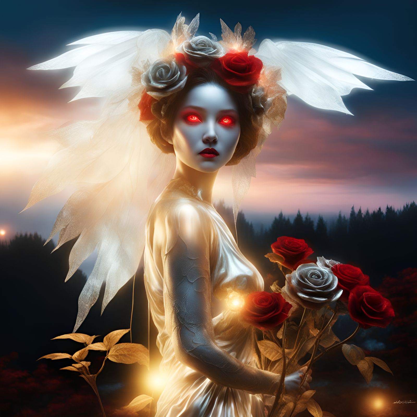 Metallic Roses and Red Eyes in Japanese Art Style