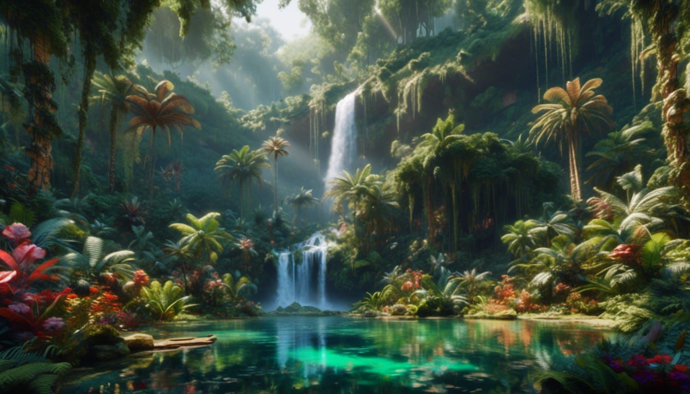 Lush Rainforest Biome with Emerald Pool Waterfall