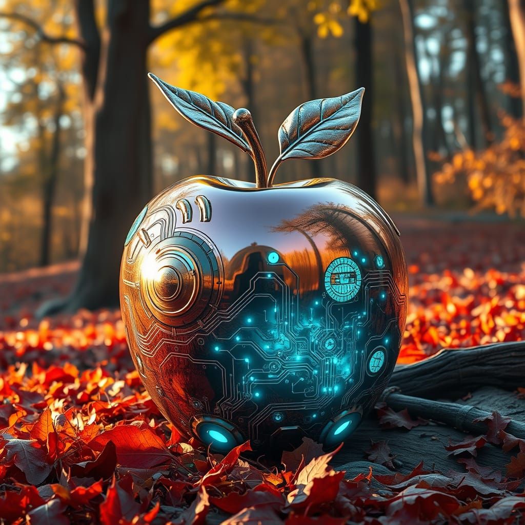 Glowing Metallic Apple in Autumnal Futurism