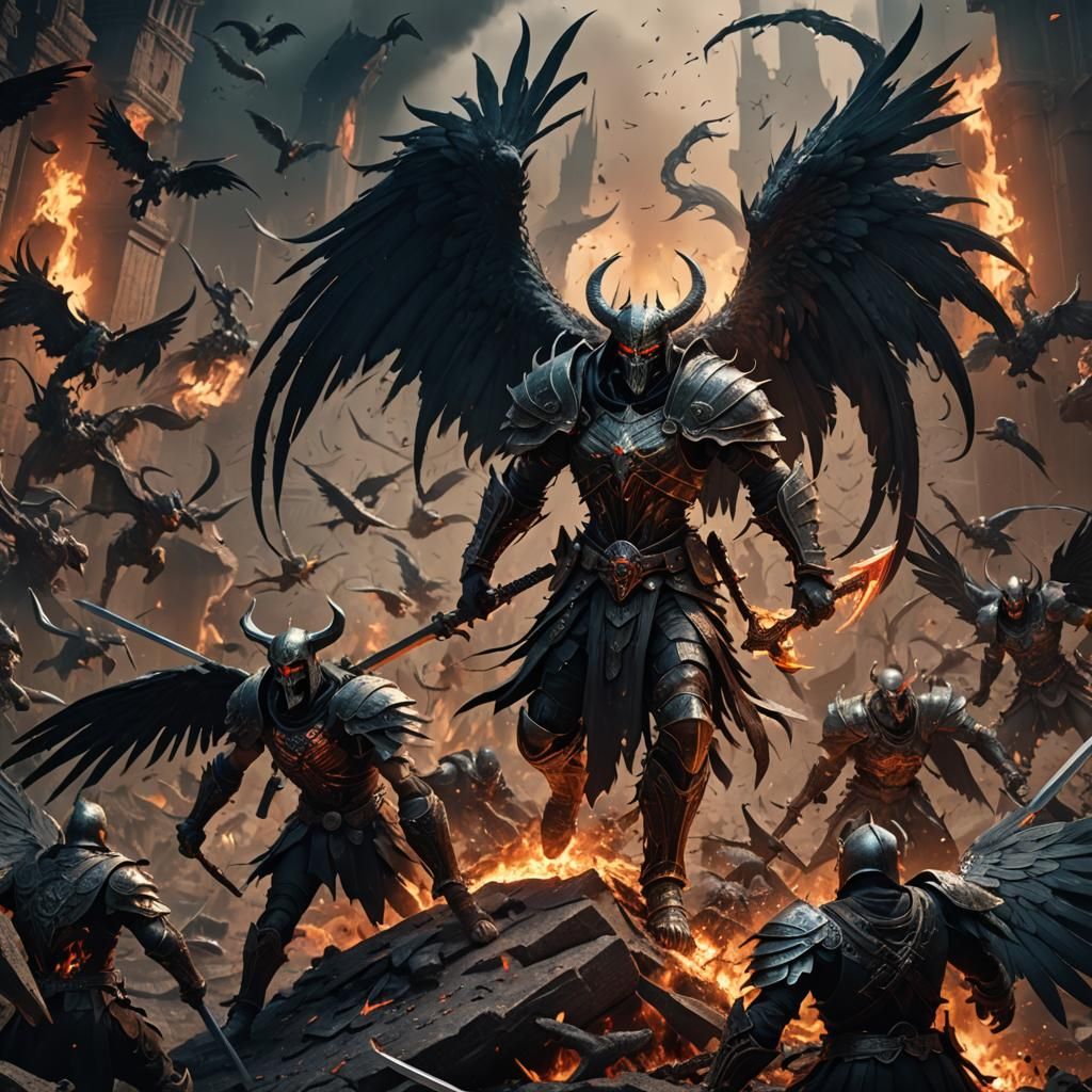 Warrior of Death with Black Wings in Hell
