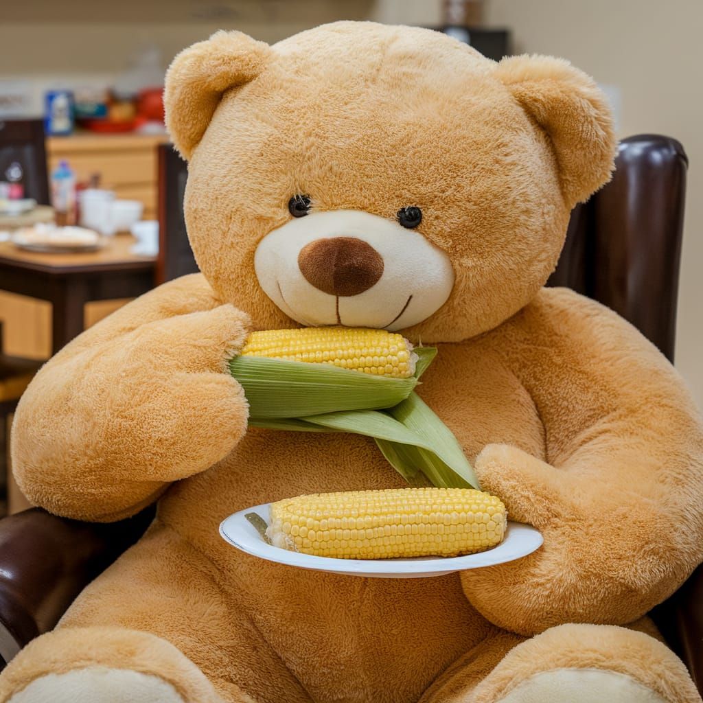 Teddy Bear's Corn Feast in the Kitchen