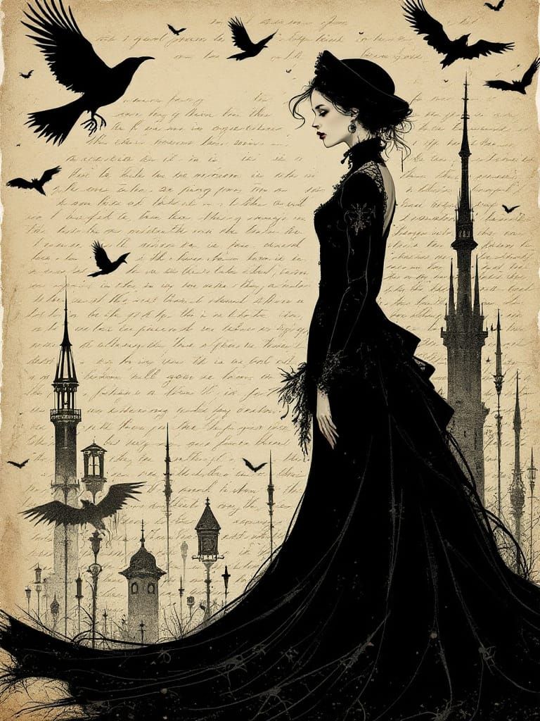 Gothic Woman Reading with Ravens in Victorian Macabre Style