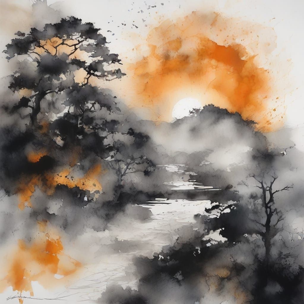 Moonlit Sea Claims Land in Ink Wash Style