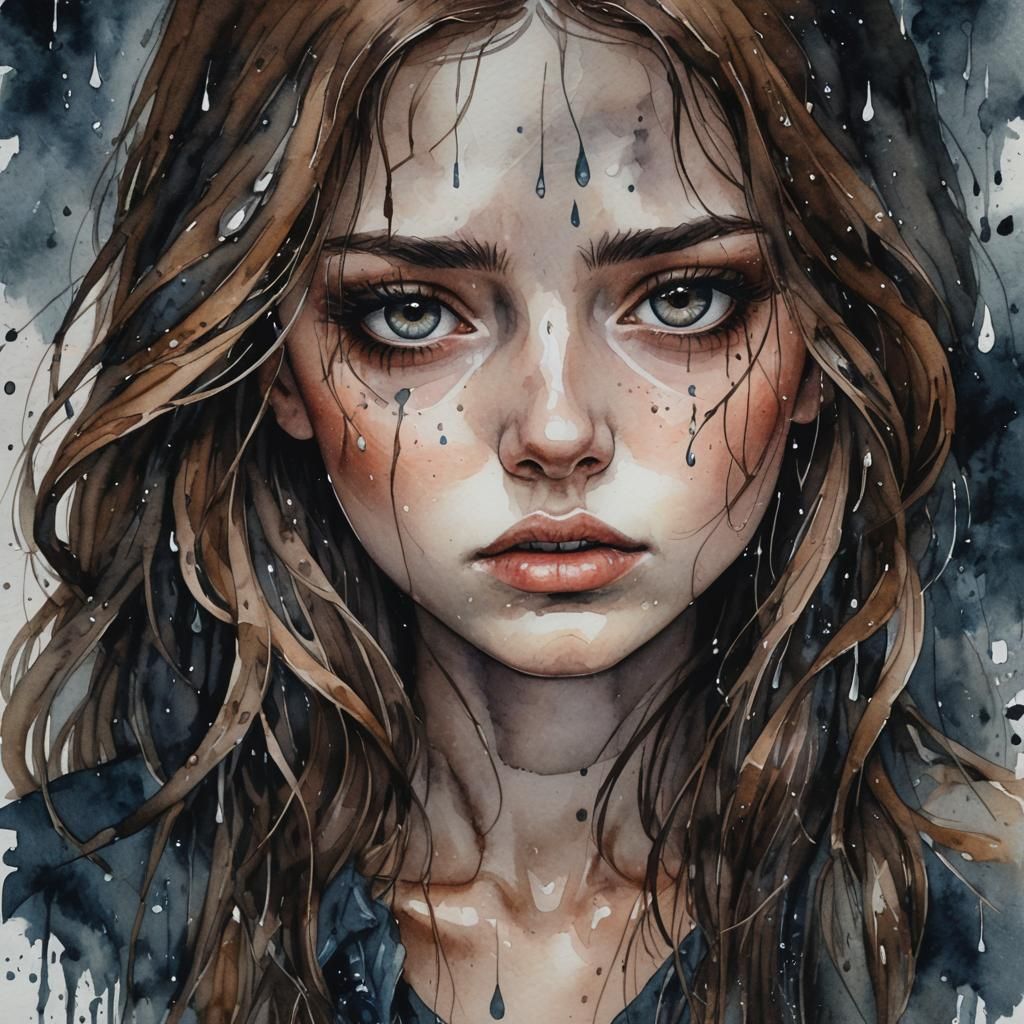 Moody Watercolor: Sad Girl with Expressive Eyes