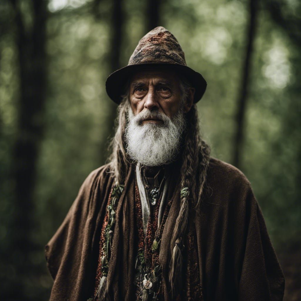 Elderly Mage Portrait in Forest, Hyperrealistic Style