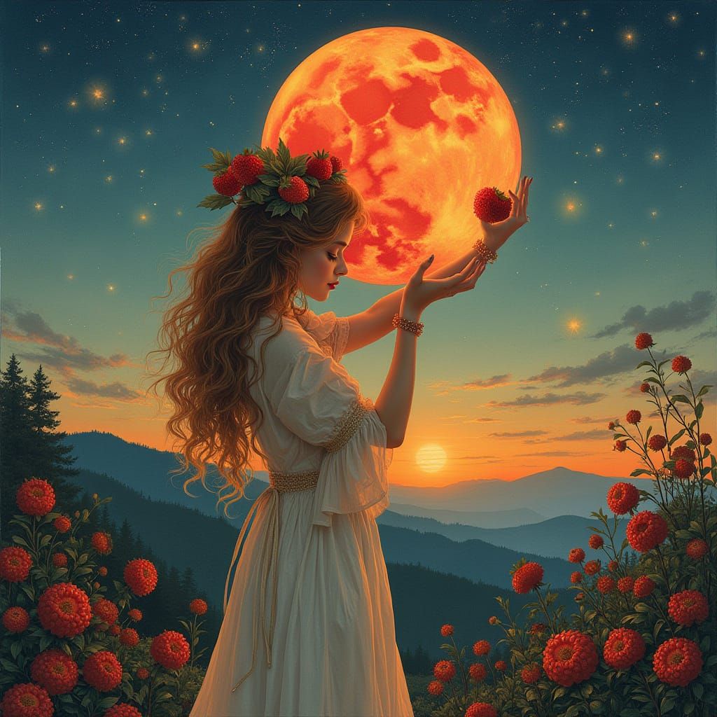 Woman with Strawberry Moon in Art Nouveau Style