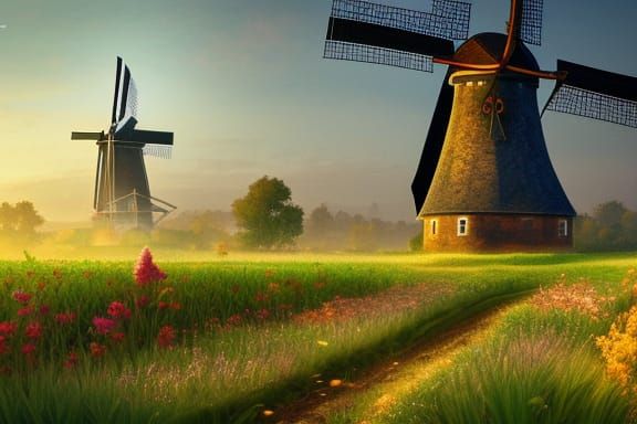 Lush Farmland with Windmill: Detailed Matte Painting