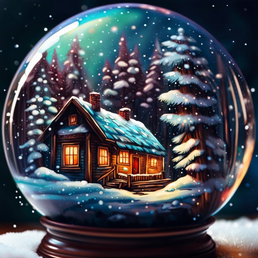 Photorealistic Snowglobe with Cabin in Winter Scene