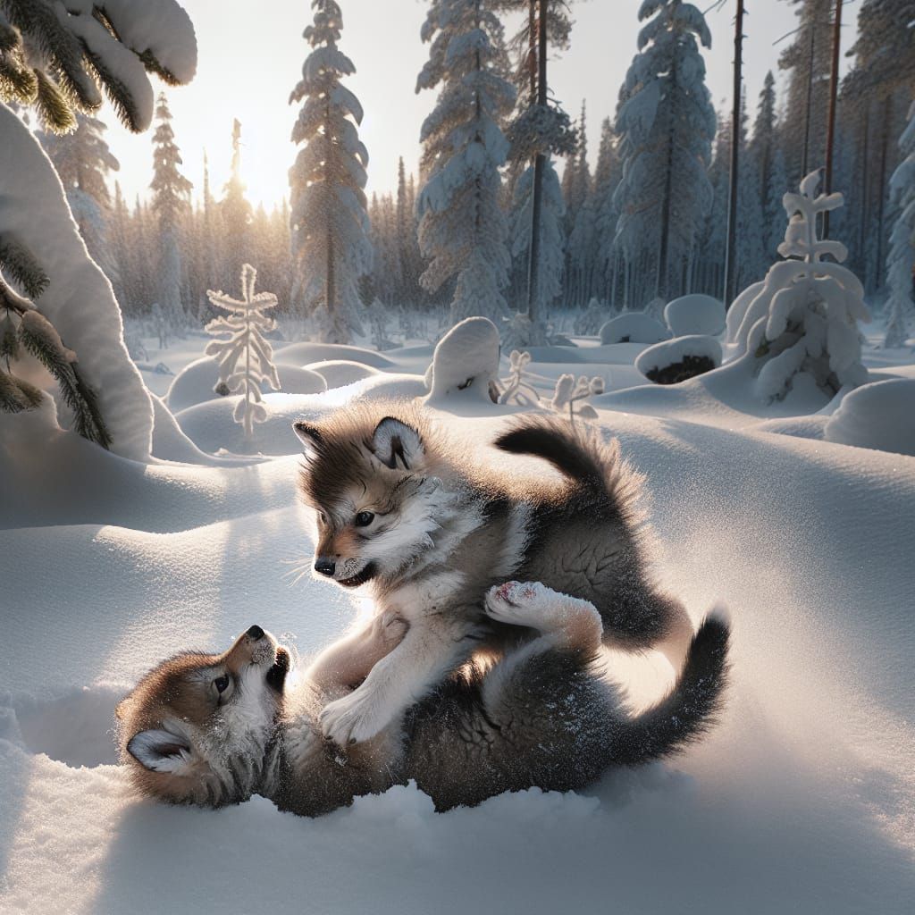 Wolf Cubs Playfully Frolicking in Winter Snow