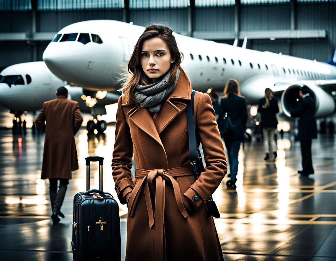 Woman in Brown Coat About to Board Jet